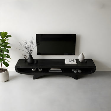 Natural Wood TV Console with Sculptural Curved Base and Open Shelf