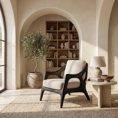 Sculptural Wood Accent Chair With Upholstered Cushion