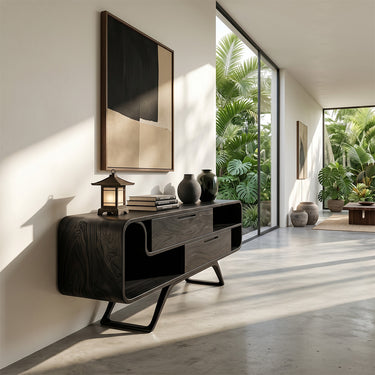 Curved Wood Sideboard with Floating Drawer and Open Shelf Design