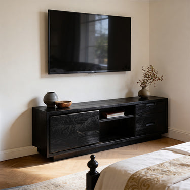 Modern Wood TV Cabinet With Drawers And Open Shelf