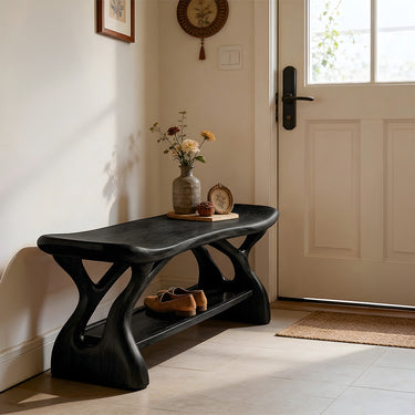 Organic Wood Shoe Bench With Sculptural Base