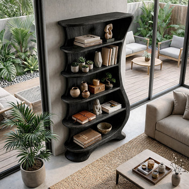 Sculptural Organic Bookshelf with Flowing Carved Form