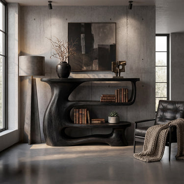 Sculptural Wood Console Table With Rounded Open Shelves