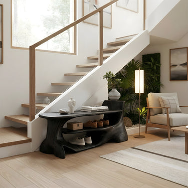 Sculptural Wood Shoe Bench With Tiered Storage