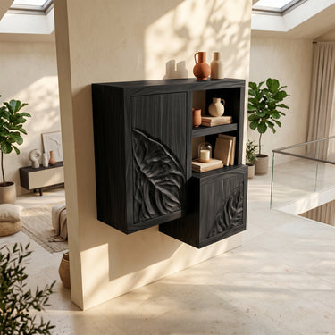 Natural Wood Bathroom Storage Cabinet With Leaf Relief Panels