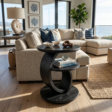 Curved Loop Wood Side Table with Floating Shelf