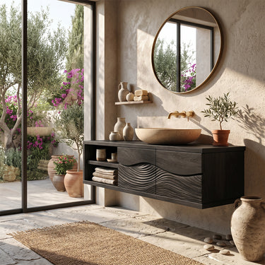 Carved Wave Solid Wood Floating Vanity with Storage for Modern Bathroom