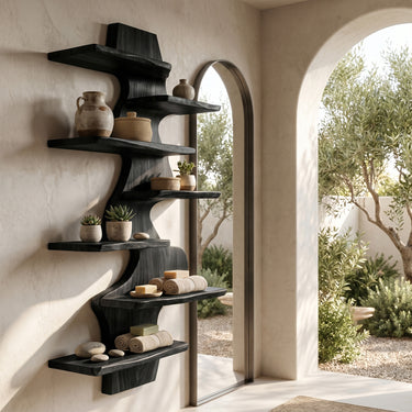 Vertical Wood Corner Wall Shelf With Sculptural Display