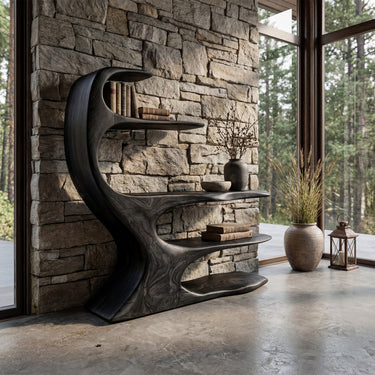 Sculptural Wood Console Table With Organic Open Shelves