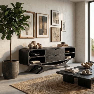 Modern Sideboard With Curved Open Shelving and Center Drawers