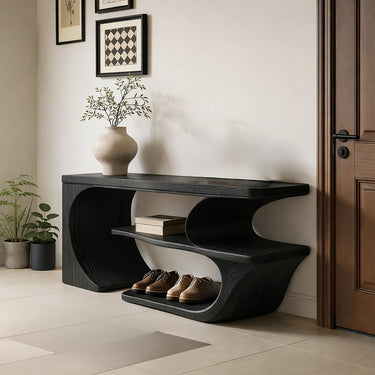 Sculptural Wood Console Bench With Open Shelves
