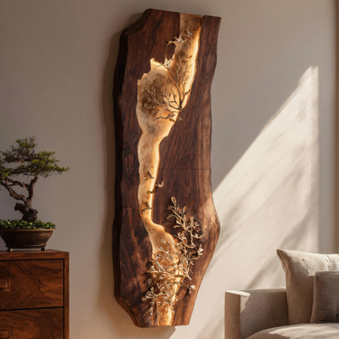 Live Edge Sculptural Wood Wall Art with Carved Nature Motif