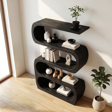 Natural Wood Display Shelf With Flowing S Curve Frame