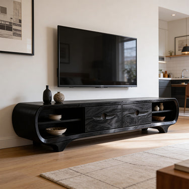 Curved Waterfall TV Console With Carved Drawer Fronts