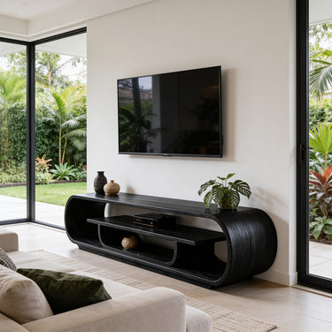 Curved Waterfall TV Cabinet With Open Media Storage