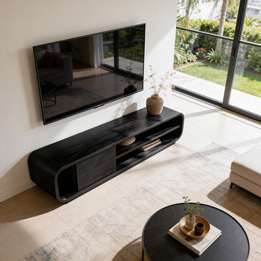 Curved Solid Wood TV Console With Sliding Door Storage