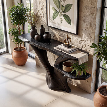 Organic Branch Console Table With Integrated Side Shelf
