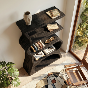 Natural Wood Bookshelf With Flowing S Curve Shelves