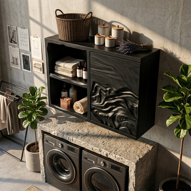 Natural Wood Bathroom Wall Cabinet With Sculpted Door And Shelves