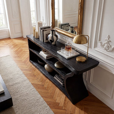 Sculptural Sofa Console Table With Open Display Shelves