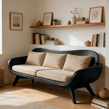 Curved Back Sofa With Sculptural Wooden Frame and Tapered Legs