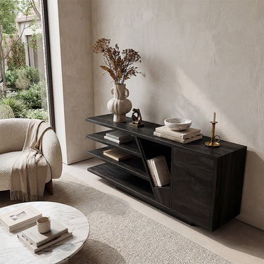 Modern Asymmetrical Sideboard With Open Shelf Storage