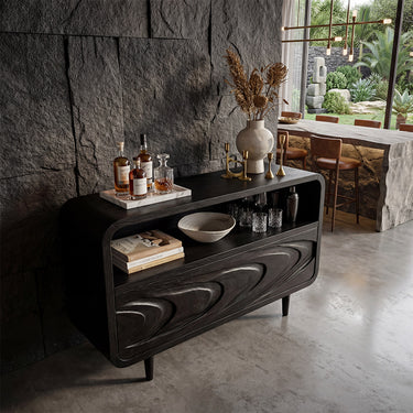 Curved Wood Sideboard With Carved Wave Door