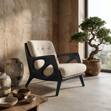 Sculptural Wood Lounge Chair With Upholstered Seat
