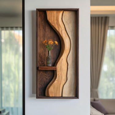 Framed Sculptural Wood Wall Panel with Organic Flow Design