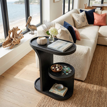 Curved Wood Side Table with Integrated Shelf and Raised Tray Top