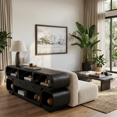 Modern Media Console With Curved Open Shelving and Drawers