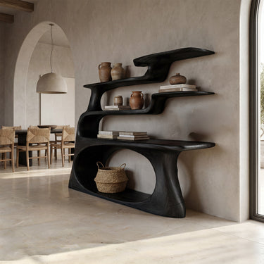 Modern Sculptural Wood Console Table With Open Shelves