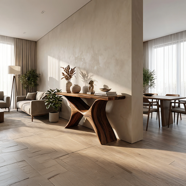 Mediterranean Style Console Table with Sculptural Natural Wood Base