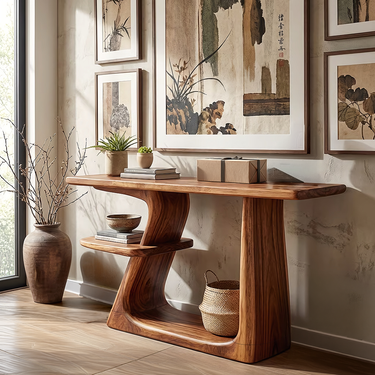 Curved Wood Console Table With Display Shelves for Entryway