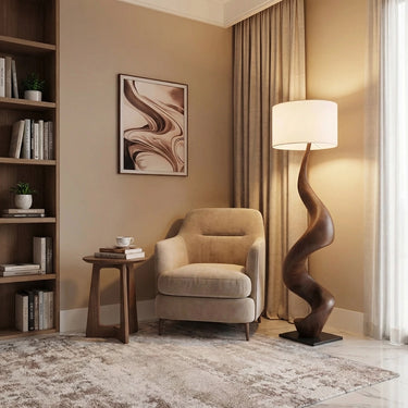 Sculptural Solid Wood Floor Lamp Handcarved Modern Standing Light