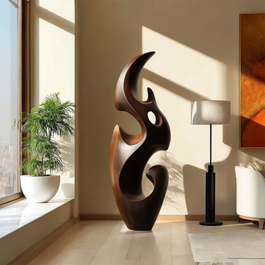 Contemporary Floor Sculpture With Fluid Natural Wood Form