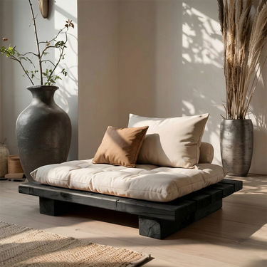 Low Platform Natural Wood Lounge Seat with Cushioned Top