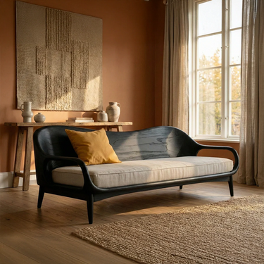 Sculptural Wood Sofa With Upholstered Seat for Lounge Spaces