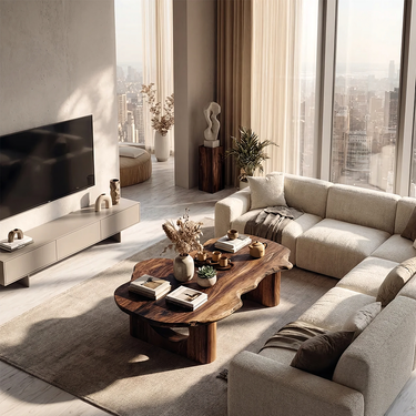 Live Edge Sculptural Coffee Table with Solid Base in Natural Wood