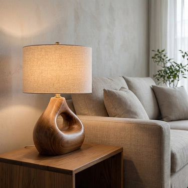 Organic Solid Wood Table Lamp with Soft Carved Sculptural Base