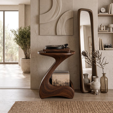 Modern Wooden Record Player Stand With Curved Vinyl Storage Base