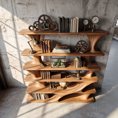 Coastal Solid Wood Bookshelf With Sculpted Tiered Frame