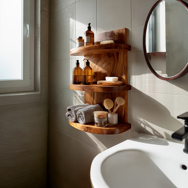 Sculptural Bathroom Shelf with Rounded Storage Compartments and Rail
