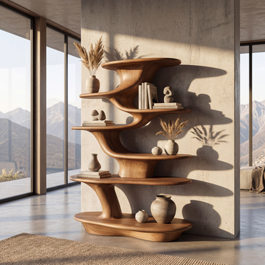 Minimal Sculptural Solid Wood Bookshelf With Soft Curved Shelves