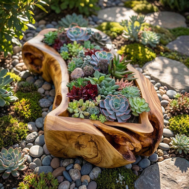 Carved Solid Wood Succulent Display Planter for Garden Path Styling