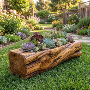 Solid Wood Succulent Log Planter for Zen Garden Landscapes