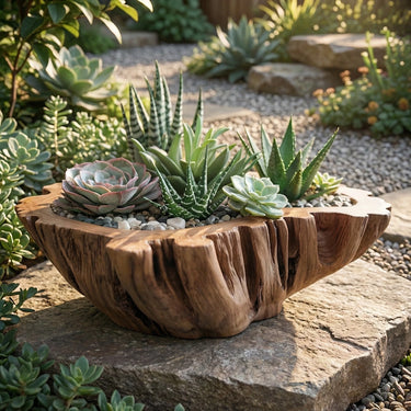 Hand-Shaped Solid Wood Planter Bowl for Organic Garden Decor
