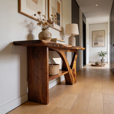 Live Edge Console Table with Sculptural Triangle Frame and Shelf