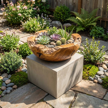 Natural Live Edge Wood Planter Bowl for Zen Garden Accents