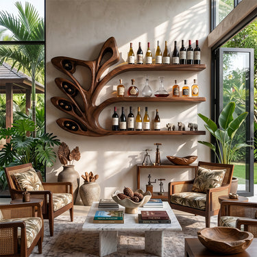 Natural Wood Leaf Wine Holder With Open Display Shelves
